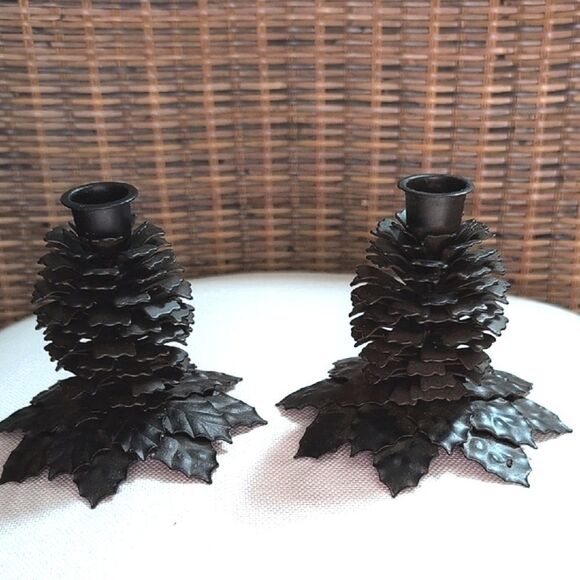 Crate&Barrel Bronze Textured Pinecone Candleholders Set of 2 - Picture 1 of 10